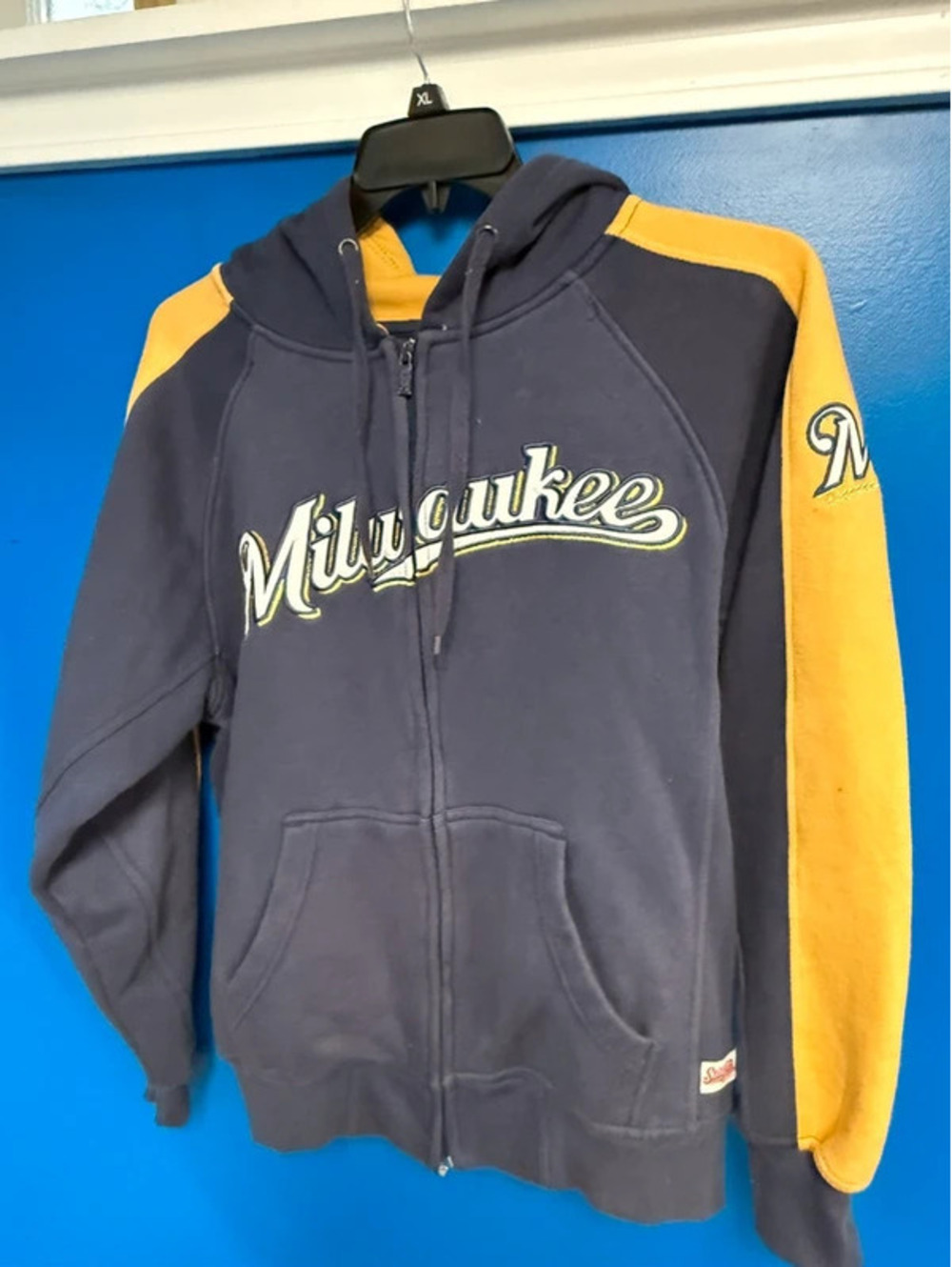 Stitches Milwaukee Brewers Full Zip Hoodie Sweatshirt Navy Yellow Mens medium